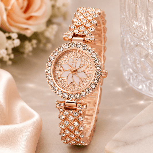 Luxury Floral Crystal Quartz Wrist Watch for Women – Rhinestone Bracelet Analog Fashion Wristwatch for Daily Wear, Party & Gift - Silver